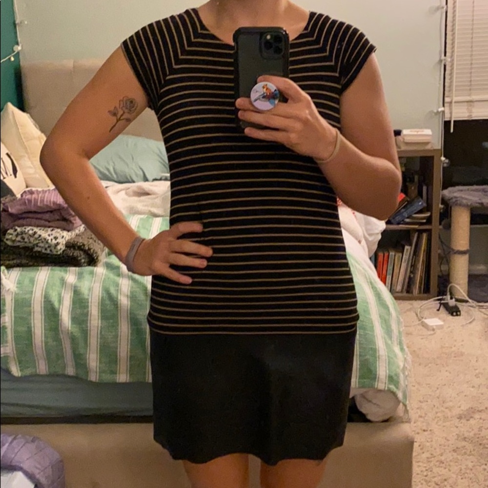 Anthropology Black/Gold Striped Dress w/ Leather